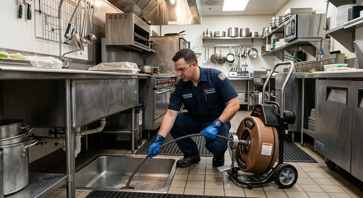 Commercial drain cleaning service in a restaurant kitchen in Waterbury