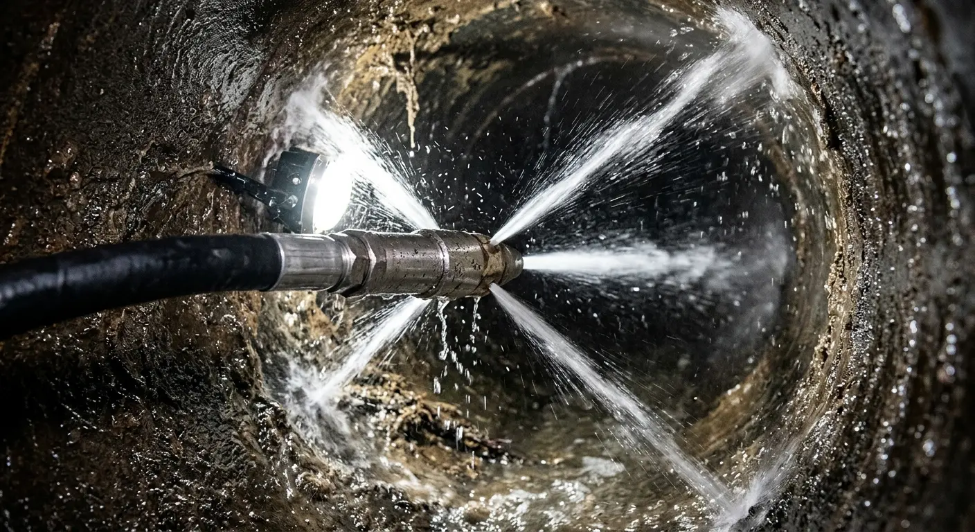 High-pressure hydro jetting nozzle cleaning sewer pipe for Emergency Drain Service in Waterbury
