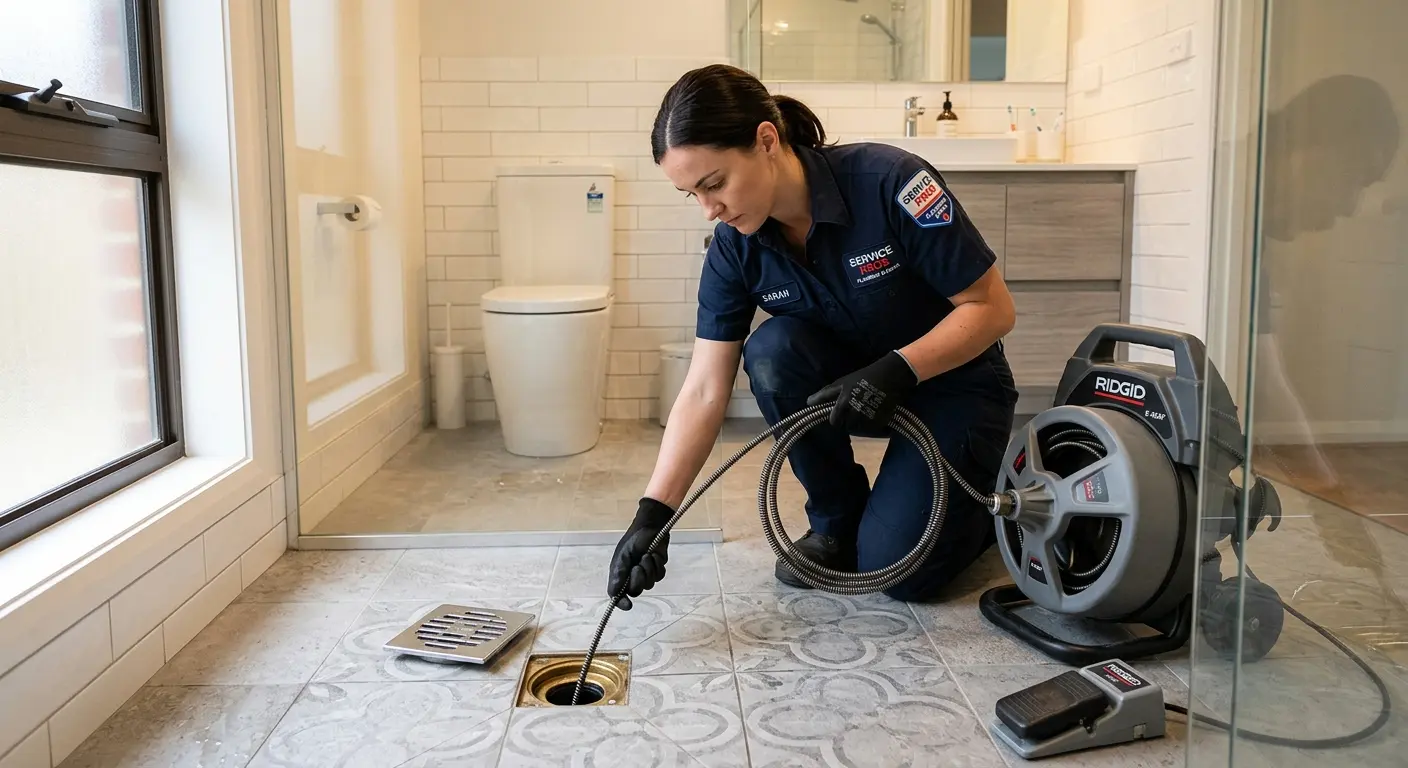 Technician clearing a bathroom floor drain for Drain Repair in Waterbury